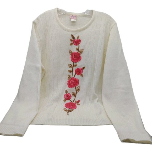 Adrian Delafield Sweater Size Large Cream Floral Embroidered - Picture 1 of 10